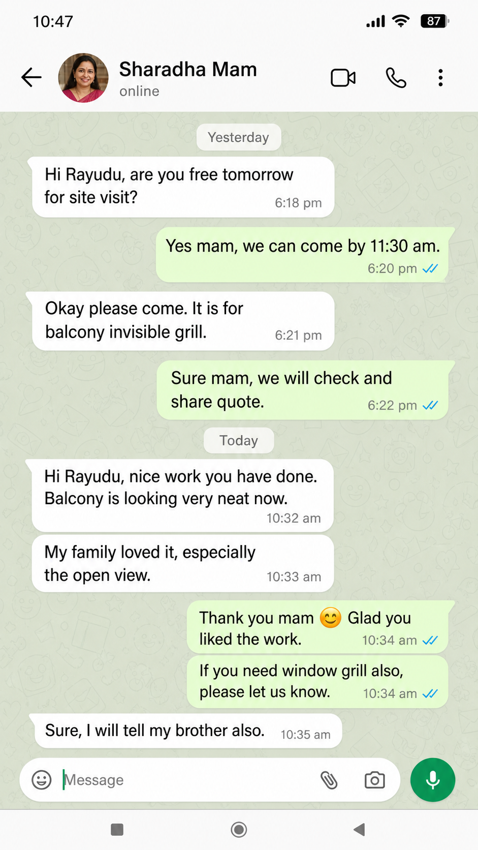 WhatsApp review balcony invisible grill