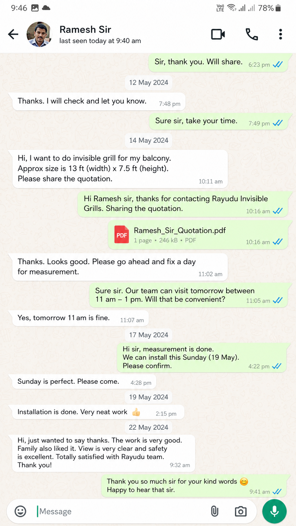 Customer WhatsApp testimonial for window grill